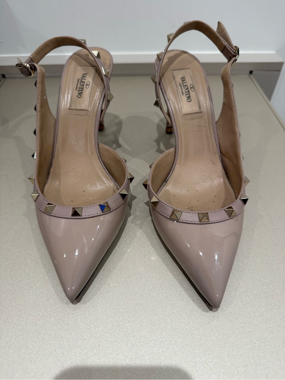 Valentino Patent Pointed Slingback Pumps in Blush Pink with Gold Studs